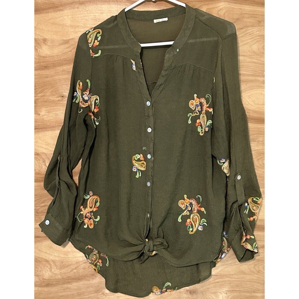 Figueroa & Flower Green Button Up Blouse  Floral Embroidered Boho Top Large ?